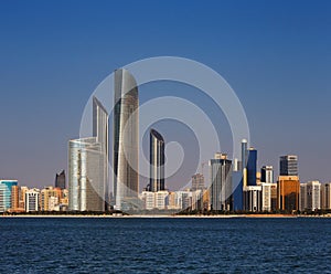 A skyline view of the Corniche Road West as seen from Marina Mall, Abu Dhabi, UAE