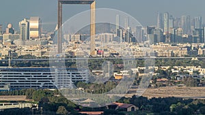 Skyline view of Deira and Sharjah districts in Dubai timelapse before sunset, UAE.