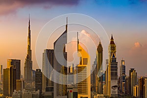 A skyline view of Dubai, UAE showing the buildings of Sheikh Zayed Road and DIFC