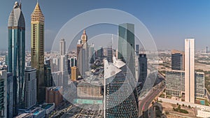 Skyline view of the high-rise buildings on Sheikh Zayed Road in Dubai aerial timelapse, UAE.