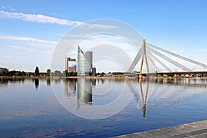 Skyline view of left bank, Kipsala island, and Vansu bridge, Riga, Latvia photo