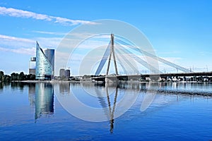 Skyline view of left bank, Kipsala island, and Vansu bridge, Riga, Latvia photo