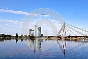 Skyline view of left bank, Kipsala island, and Vansu bridge, Riga, Latvia photo