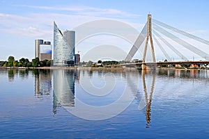 Skyline view of left bank, Kipsala island, and Vansu bridge, Riga, Latvia photo