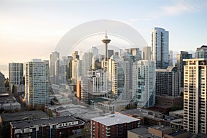 skyline with view of modern city, showing towering buildings and bustling streets