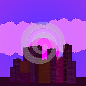 Skyline wallpaper with skyscrapers in sunset or sunrise. Eps10 vector illustration.