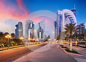 Skyline of West Bay and Doha City Center during sunrise, Qatar photo