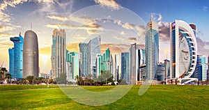 Skyline of West Bay and Doha City Center during sunrise, Qatar photo