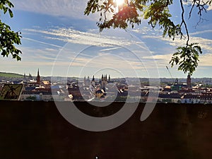 Skyline of würzburg at a sunny day, view from a hill