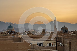 Skyline of Yazd old town in Iran on sunset.