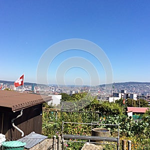 Skyline of Zurich-North and Swiss Flagg