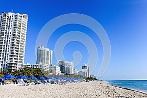 Skylines, beach and coastline with blue sky on sunny day. Travel