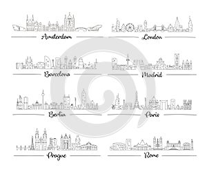 Skylines set of europe cities with their famous buildings