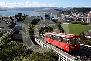 skylline of Wellington, New Zealand with red cable car