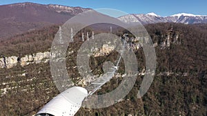 Skypark Aj Hackett Sochi , Sochi National Park, mountains, Mzymta river valley. Aerial view. Winter forest