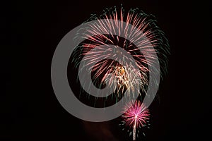 Skyrockets exploding in the night sky on the Fourth of July.