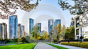 Skyscapers lining the skyline of Yaletown and David Lam Park along False Creek Inlet of Vancouver, British Columbia, Canada