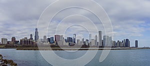 Skyscapers and skylin of Chicago and Lake Michigan from Milennium Park