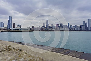 Skyscapers and skylin of Chicago and Lake Michigan from Milennium Park