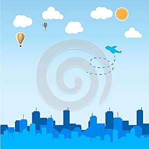 Skyscraper background with airplane and balloon