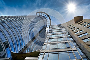 Skyscraper with blue sky in Frankurt in Hessen, Germany