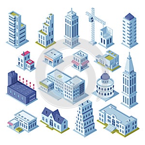 Skyscraper building and business office at downtown district. Architecture town buildings for city map 3d isometric vector set