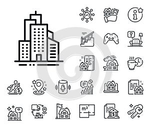 Skyscraper buildings line icon. City architecture sign. Town. Floor plan, stairs and lounge room. Vector