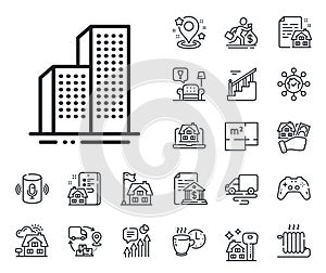 Skyscraper buildings line icon. City architecture sign. Town. Floor plan, stairs and lounge room. Vector