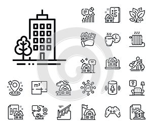Skyscraper buildings line icon. City architecture with tree sign. Town. Floor plan, stairs and lounge room. Vector
