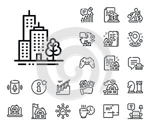 Skyscraper buildings line icon. City architecture with tree sign. Town. Floor plan, stairs and lounge room. Vector