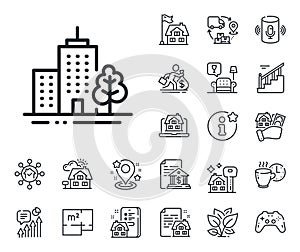 Skyscraper buildings line icon. City architecture with tree sign. Town. Floor plan, stairs and lounge room. Vector
