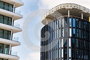 Skyscraper construction site with blue clear sky copy space background