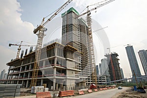 Skyscraper construction with tower crane on housing site photo