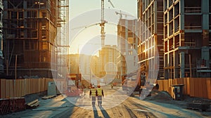 Skyscraper construction in urban area, engineers and workers at site with cranes. Safety helmets,