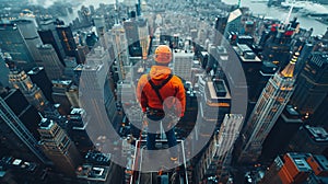 Skyscraper construction worker in dynamic pose against dramatic cityscape backdrop