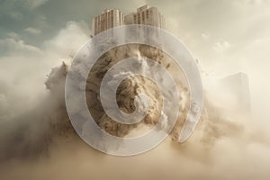 Skyscraper crushing dust city. Generate Ai