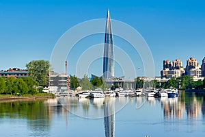 Skyscraper of Gazprom in St. Petersburg with fucking in the river against photo