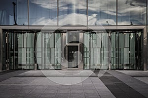 Skyscraper with glass facade and clouds reflected in windows