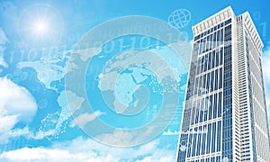 Skyscraper with graphs and world map