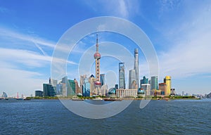 Skyscraper and high-rise office buildings in Shanghai Downtown with blue sky, China. Financial district and business centers in