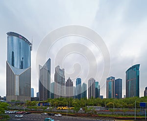 Skyscraper and high-rise office buildings in Shanghai Downtown, China. Financial district and business centers in smart city in