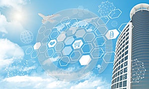 Skyscraper with icons and molecule