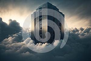 A skyscraper-like server emerging from the clouds, representing the boundless opportunities and advancements of cloud computing
