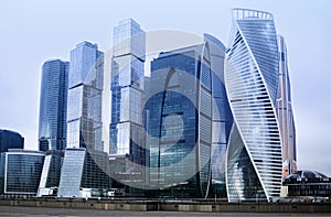 Skyscraper office building Moscow city complex. Business technology. Corporation modern city architecture background.