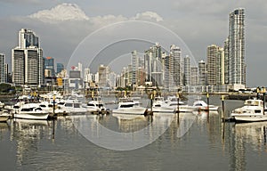 Skyscraper panorama with pleasure boats