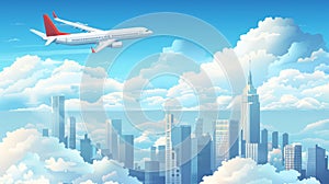 Skyscraper roofs in blue sky with plane flying in clouds above. Air transportation service, airplane travel, aviation