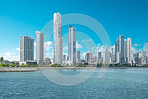 Skyscraper skyline, blue sky and ocean coast - Panama City downtown