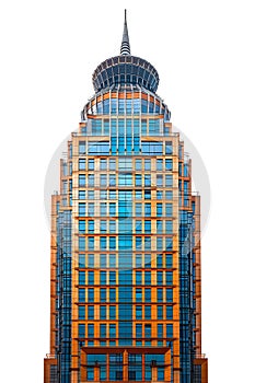 Skyscraper with symmetrical dome on white background, urban design marvel