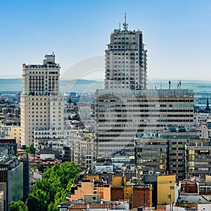 Skyscraper towers of the city of Madrid in the Plaza de Spain in the city centre. photo