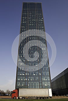 skyscraper and truck